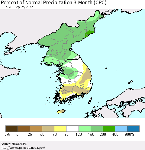 Korea Percent of Normal Precipitation 3-Month (CPC) Thematic Map For 6/26/2022 - 9/25/2022