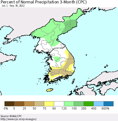 Korea Percent of Normal Precipitation 3-Month (CPC) Thematic Map For 7/1/2022 - 9/30/2022
