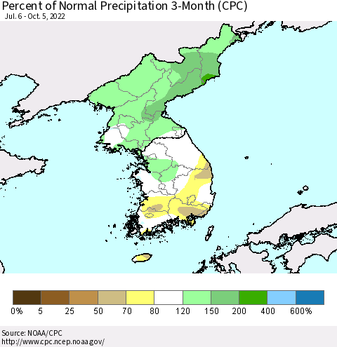 Korea Percent of Normal Precipitation 3-Month (CPC) Thematic Map For 7/6/2022 - 10/5/2022