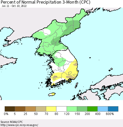Korea Percent of Normal Precipitation 3-Month (CPC) Thematic Map For 7/11/2022 - 10/10/2022