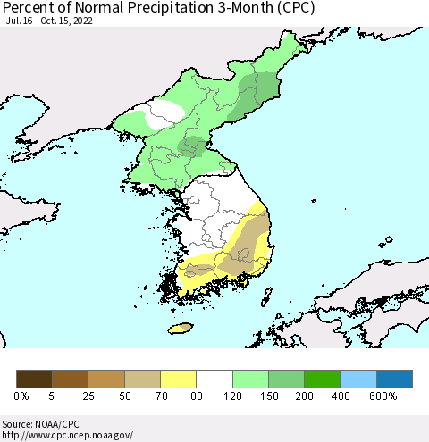 Korea Percent of Normal Precipitation 3-Month (CPC) Thematic Map For 7/16/2022 - 10/15/2022