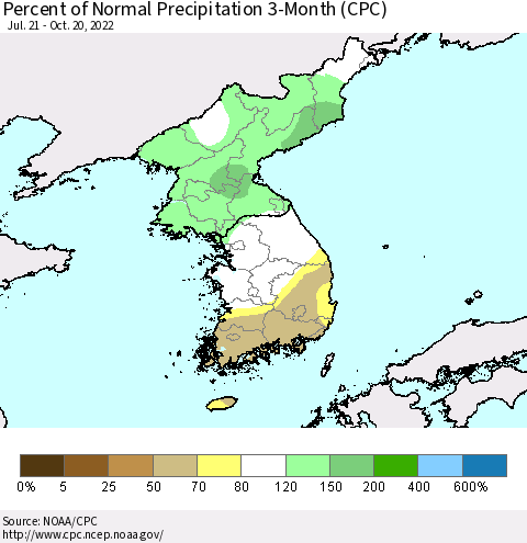 Korea Percent of Normal Precipitation 3-Month (CPC) Thematic Map For 7/21/2022 - 10/20/2022