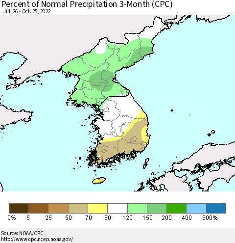 Korea Percent of Normal Precipitation 3-Month (CPC) Thematic Map For 7/26/2022 - 10/25/2022