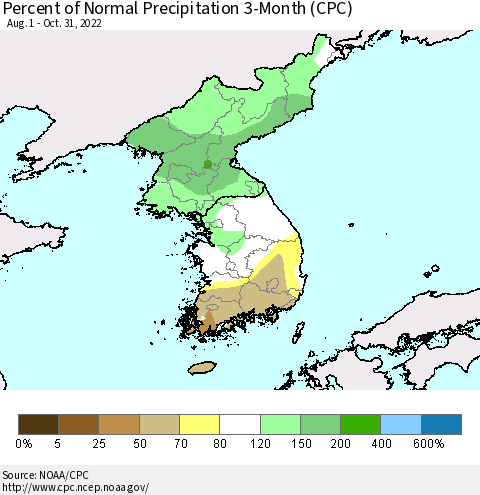 Korea Percent of Normal Precipitation 3-Month (CPC) Thematic Map For 8/1/2022 - 10/31/2022