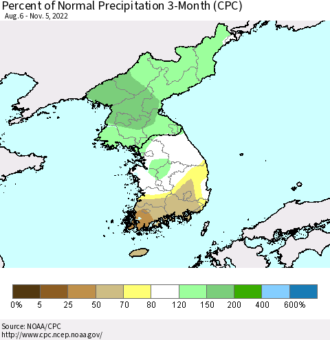 Korea Percent of Normal Precipitation 3-Month (CPC) Thematic Map For 8/6/2022 - 11/5/2022