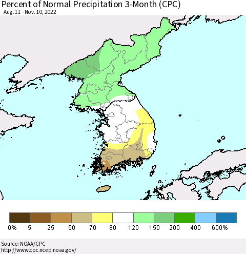 Korea Percent of Normal Precipitation 3-Month (CPC) Thematic Map For 8/11/2022 - 11/10/2022
