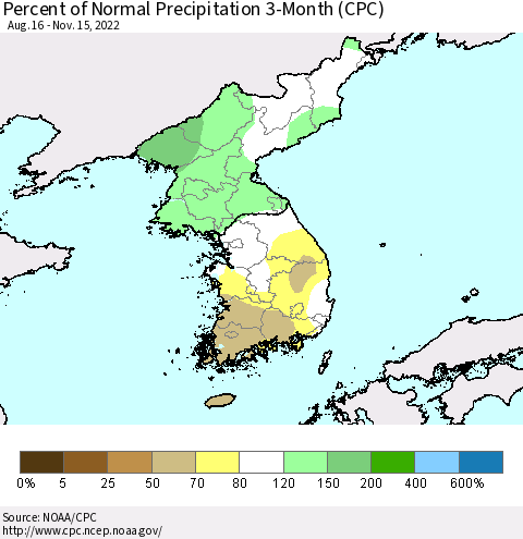 Korea Percent of Normal Precipitation 3-Month (CPC) Thematic Map For 8/16/2022 - 11/15/2022