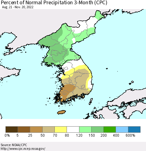 Korea Percent of Normal Precipitation 3-Month (CPC) Thematic Map For 8/21/2022 - 11/20/2022