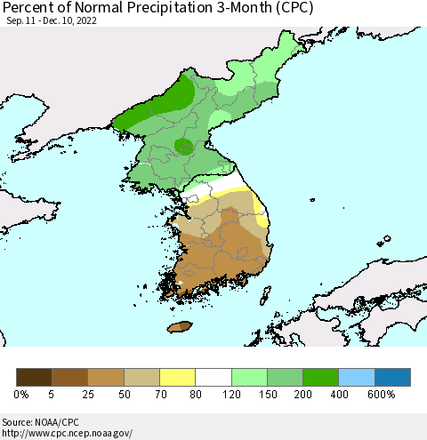 Korea Percent of Normal Precipitation 3-Month (CPC) Thematic Map For 9/11/2022 - 12/10/2022