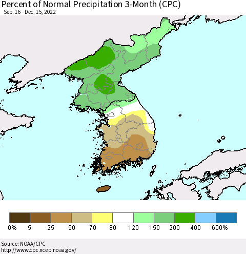 Korea Percent of Normal Precipitation 3-Month (CPC) Thematic Map For 9/16/2022 - 12/15/2022