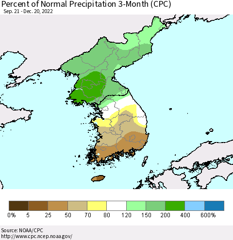 Korea Percent of Normal Precipitation 3-Month (CPC) Thematic Map For 9/21/2022 - 12/20/2022