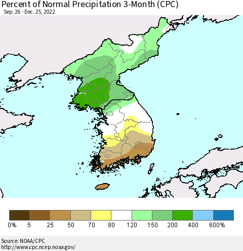 Korea Percent of Normal Precipitation 3-Month (CPC) Thematic Map For 9/26/2022 - 12/25/2022