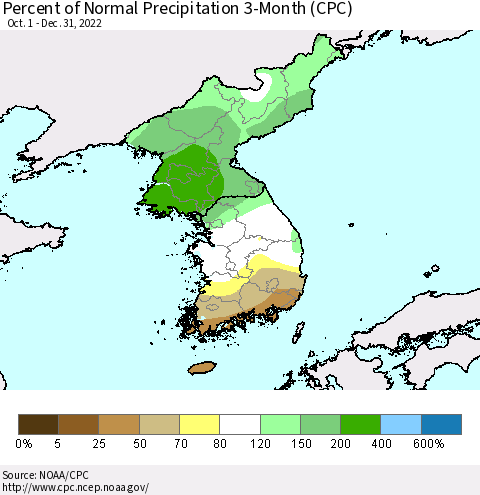 Korea Percent of Normal Precipitation 3-Month (CPC) Thematic Map For 10/1/2022 - 12/31/2022