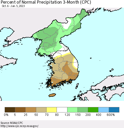 Korea Percent of Normal Precipitation 3-Month (CPC) Thematic Map For 10/6/2022 - 1/5/2023