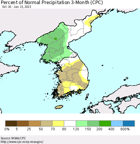 Korea Percent of Normal Precipitation 3-Month (CPC) Thematic Map For 10/16/2022 - 1/15/2023