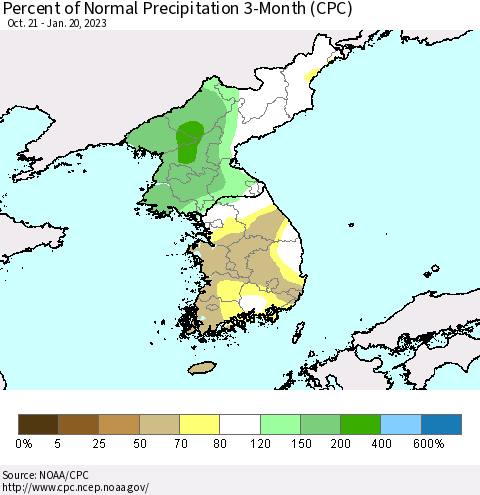 Korea Percent of Normal Precipitation 3-Month (CPC) Thematic Map For 10/21/2022 - 1/20/2023