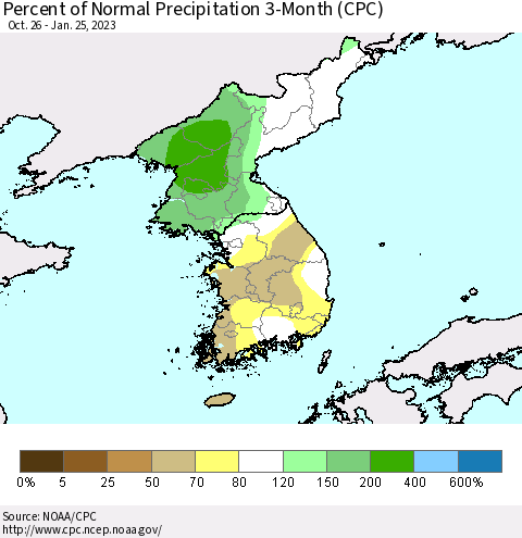 Korea Percent of Normal Precipitation 3-Month (CPC) Thematic Map For 10/26/2022 - 1/25/2023