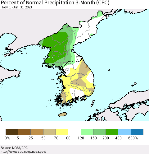 Korea Percent of Normal Precipitation 3-Month (CPC) Thematic Map For 11/1/2022 - 1/31/2023