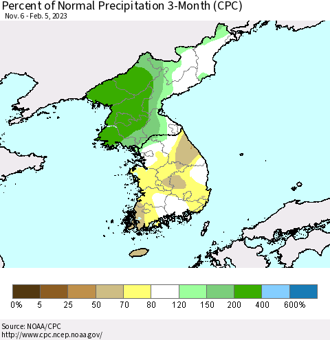 Korea Percent of Normal Precipitation 3-Month (CPC) Thematic Map For 11/6/2022 - 2/5/2023