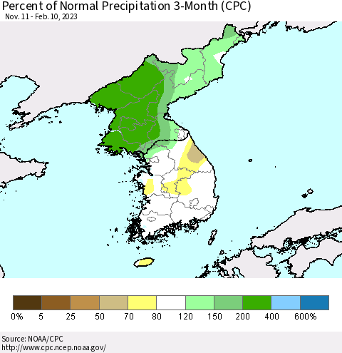 Korea Percent of Normal Precipitation 3-Month (CPC) Thematic Map For 11/11/2022 - 2/10/2023
