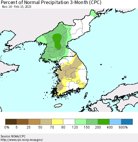 Korea Percent of Normal Precipitation 3-Month (CPC) Thematic Map For 11/16/2022 - 2/15/2023