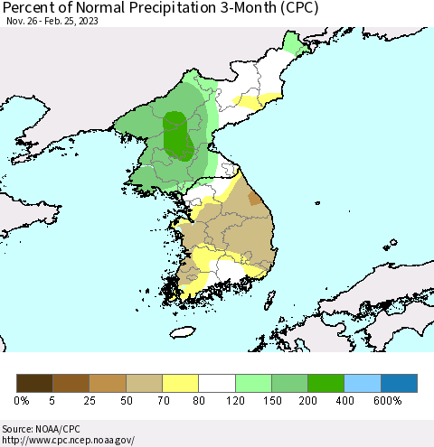 Korea Percent of Normal Precipitation 3-Month (CPC) Thematic Map For 11/26/2022 - 2/25/2023