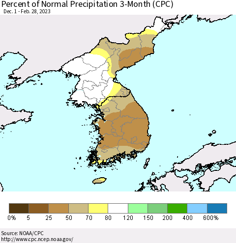 Korea Percent of Normal Precipitation 3-Month (CPC) Thematic Map For 12/1/2022 - 2/28/2023
