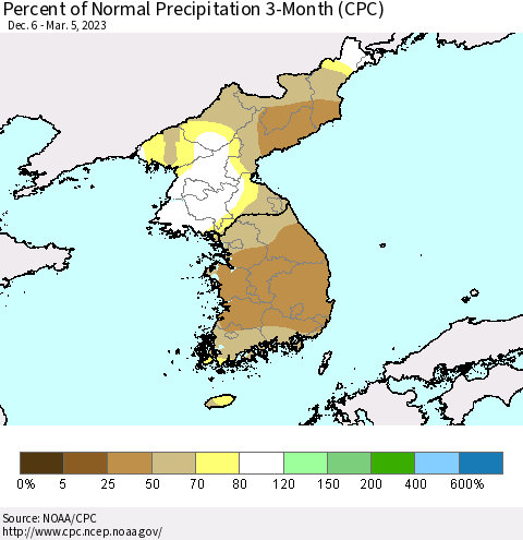 Korea Percent of Normal Precipitation 3-Month (CPC) Thematic Map For 12/6/2022 - 3/5/2023