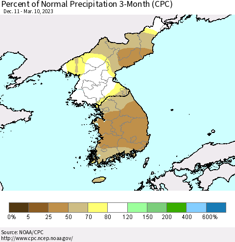 Korea Percent of Normal Precipitation 3-Month (CPC) Thematic Map For 12/11/2022 - 3/10/2023