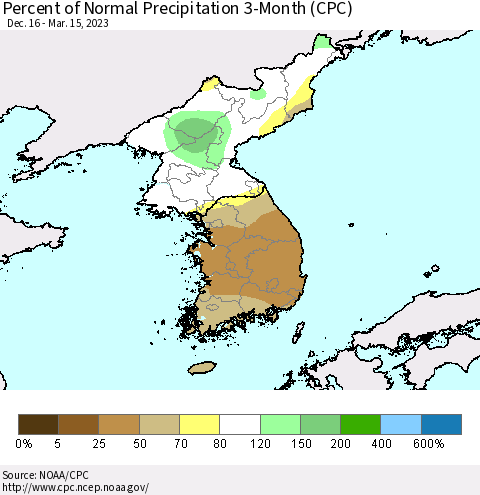 Korea Percent of Normal Precipitation 3-Month (CPC) Thematic Map For 12/16/2022 - 3/15/2023