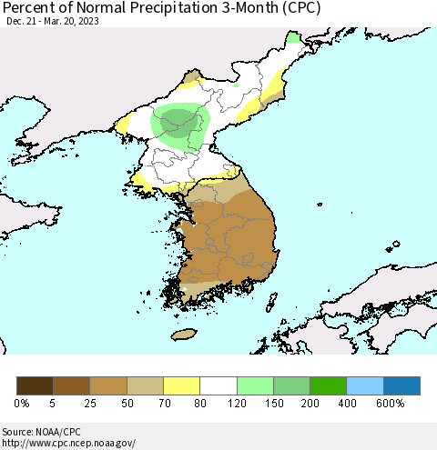 Korea Percent of Normal Precipitation 3-Month (CPC) Thematic Map For 12/21/2022 - 3/20/2023