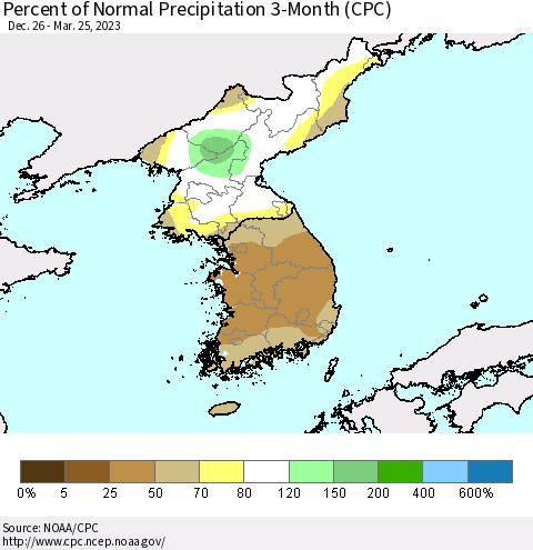 Korea Percent of Normal Precipitation 3-Month (CPC) Thematic Map For 12/26/2022 - 3/25/2023