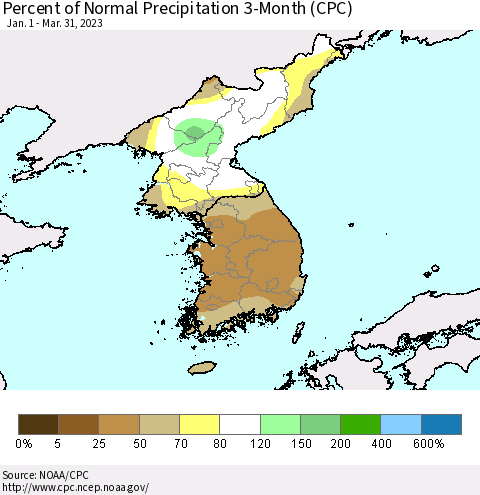 Korea Percent of Normal Precipitation 3-Month (CPC) Thematic Map For 1/1/2023 - 3/31/2023