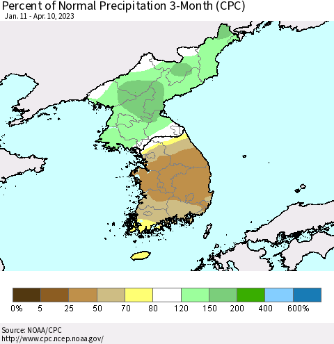 Korea Percent of Normal Precipitation 3-Month (CPC) Thematic Map For 1/11/2023 - 4/10/2023