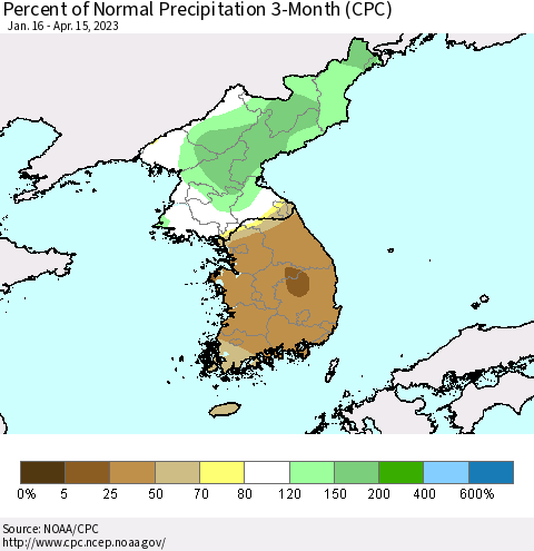 Korea Percent of Normal Precipitation 3-Month (CPC) Thematic Map For 1/16/2023 - 4/15/2023