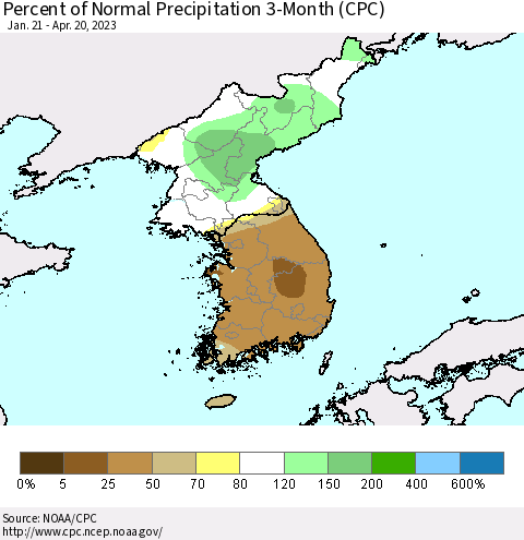 Korea Percent of Normal Precipitation 3-Month (CPC) Thematic Map For 1/21/2023 - 4/20/2023