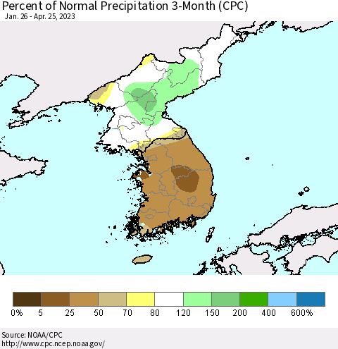 Korea Percent of Normal Precipitation 3-Month (CPC) Thematic Map For 1/26/2023 - 4/25/2023
