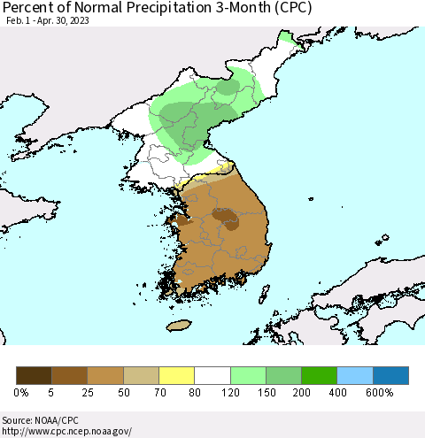Korea Percent of Normal Precipitation 3-Month (CPC) Thematic Map For 2/1/2023 - 4/30/2023