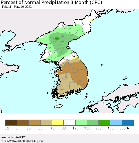 Korea Percent of Normal Precipitation 3-Month (CPC) Thematic Map For 2/11/2023 - 5/10/2023