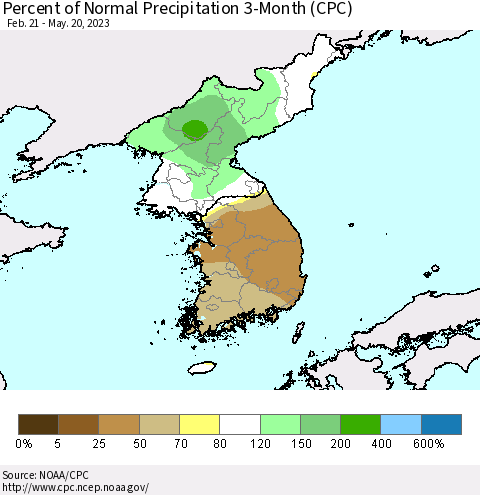 Korea Percent of Normal Precipitation 3-Month (CPC) Thematic Map For 2/21/2023 - 5/20/2023