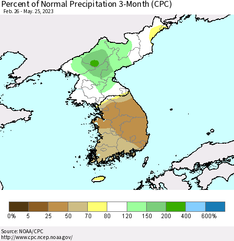 Korea Percent of Normal Precipitation 3-Month (CPC) Thematic Map For 2/26/2023 - 5/25/2023