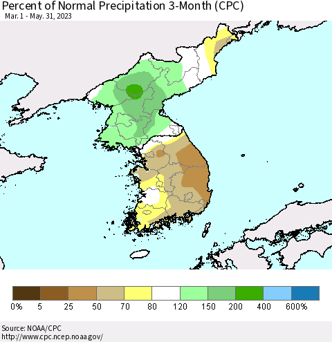 Korea Percent of Normal Precipitation 3-Month (CPC) Thematic Map For 3/1/2023 - 5/31/2023