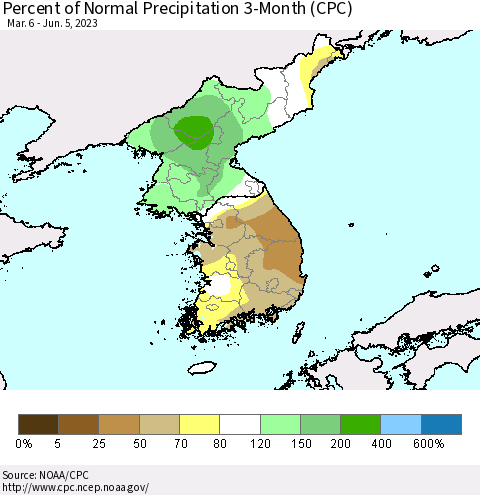 Korea Percent of Normal Precipitation 3-Month (CPC) Thematic Map For 3/6/2023 - 6/5/2023