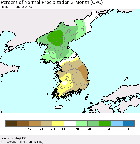 Korea Percent of Normal Precipitation 3-Month (CPC) Thematic Map For 3/11/2023 - 6/10/2023