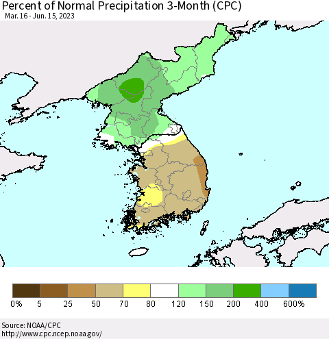 Korea Percent of Normal Precipitation 3-Month (CPC) Thematic Map For 3/16/2023 - 6/15/2023