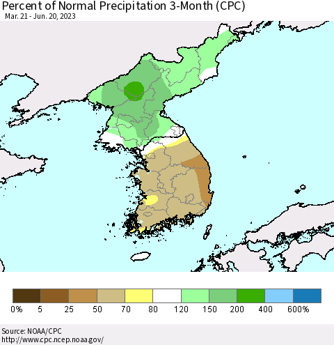 Korea Percent of Normal Precipitation 3-Month (CPC) Thematic Map For 3/21/2023 - 6/20/2023