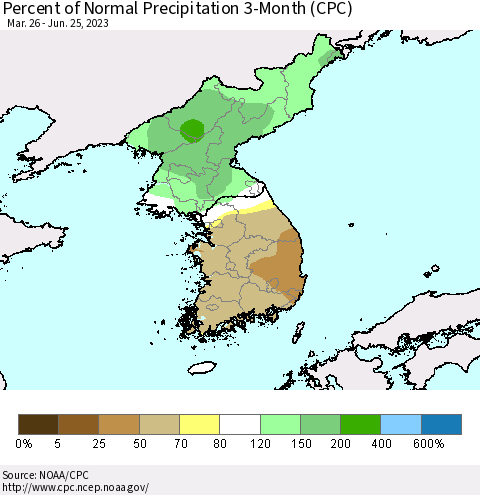 Korea Percent of Normal Precipitation 3-Month (CPC) Thematic Map For 3/26/2023 - 6/25/2023