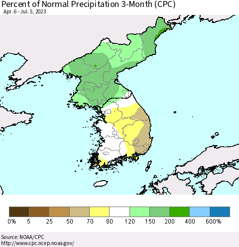 Korea Percent of Normal Precipitation 3-Month (CPC) Thematic Map For 4/6/2023 - 7/5/2023