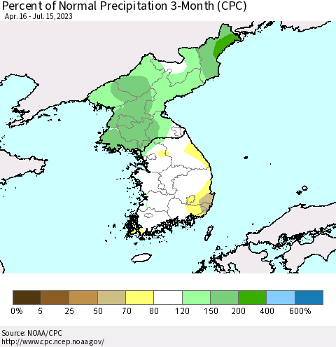 Korea Percent of Normal Precipitation 3-Month (CPC) Thematic Map For 4/16/2023 - 7/15/2023