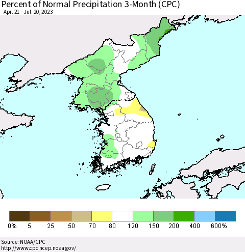 Korea Percent of Normal Precipitation 3-Month (CPC) Thematic Map For 4/21/2023 - 7/20/2023
